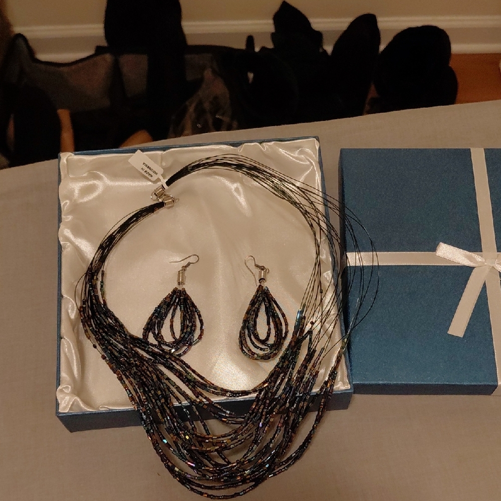 Elegant Black Beaded Necklace and Earring Set